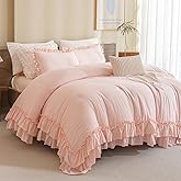 Masaca Shabby Ruffled King Comforter Set,Farmhouse Blush Pink Bedding Comforter Lightweight Ultra Soft Vintage French Country Bedding Set 3pc (1 Ruffle Comforter and 2 Pillowcases)