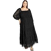 City Chic Elbow Sleeve Broderie Plus Size Boho Maxi Dress - Black
