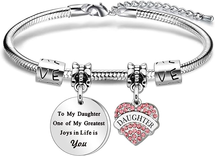 Armband mit Aufschrift "To My Daughter", rosa Kristallherz, Geschenk