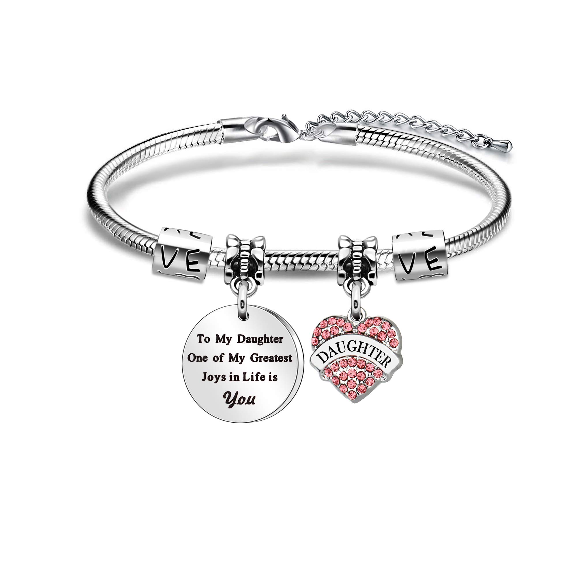 Mun Dad Bracelet Gift - Pink Crystal Heart Bracelet for Daughter