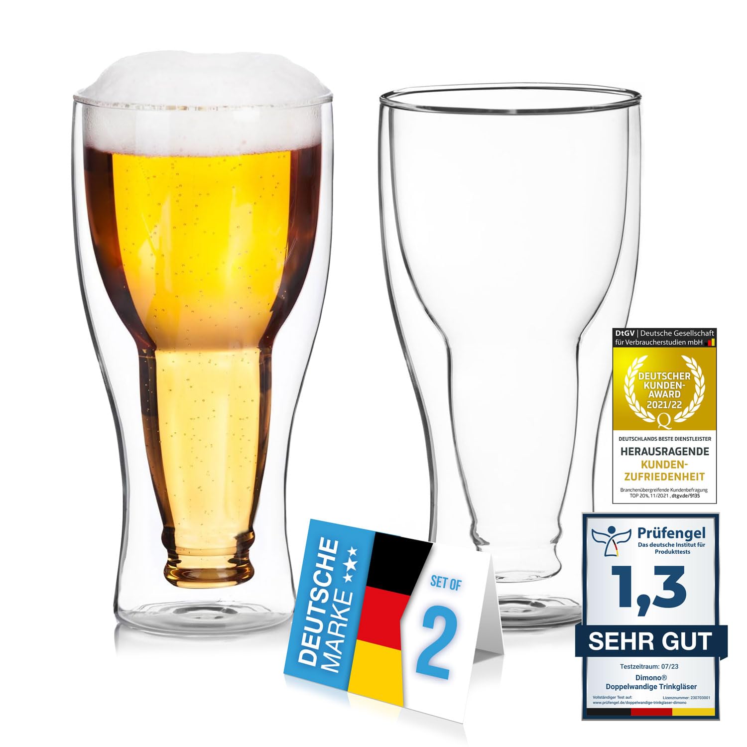 Double Walled Beer Glass Inside Out Upside Down Beer Bottle in Glass (2 Glasses)