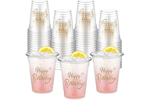 FoldTier 50 Pcs Happy Birthday Cups 12 oz Plastic Birthday Party Glasses Clear Disposable Drinking Cups for Home Kitchen Theme Party Favors Supplies Decoration