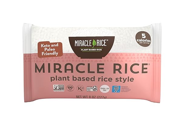 MIRACLE NOODLE MIRACLE RICE – PLANT BASED SHIRATAKI RICE, KETO, VEGAN, GLUTEN-FREE, LOW CARB, PALEO, DAIRY FREE, LOW CALORIES, KOSHER, SOY FREE, NON-GMO – PERFECT FOR YOUR KETO DIET – 8 OZ (PACK OF 1)
