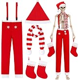 4Pcs 12ft Skeleton Christmas Costume Set, Red Skeleton Christmas Outfits | Fleece Giant Skeleton Christmas Costume Accessories Include Hat Scarf Suspender Pant for Outdoor Decor, Hook and Loop Design