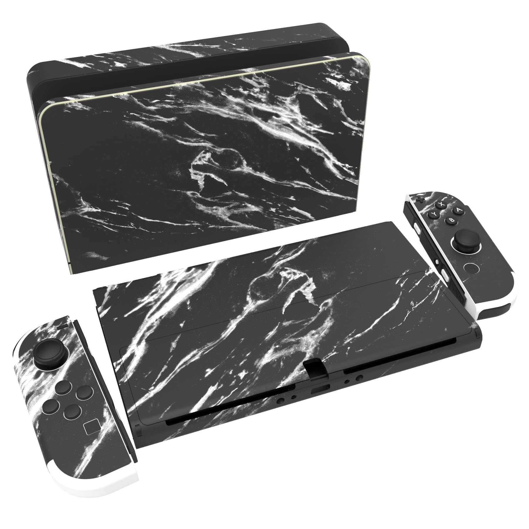 playvital Full Set Protective Stickers for Nintendo Switch OLED Model, Customized Vinyl Decal Skins for Switch OLED Console & Joycon & Dock & Grip - Modern Black Marble