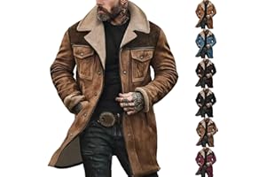 GENERIC Mens Western Cowboy Vintage Suede Jacket Plush Collar Coats Faux Leather Winter Long Jackets Men Zip Up Casual Retro Tops