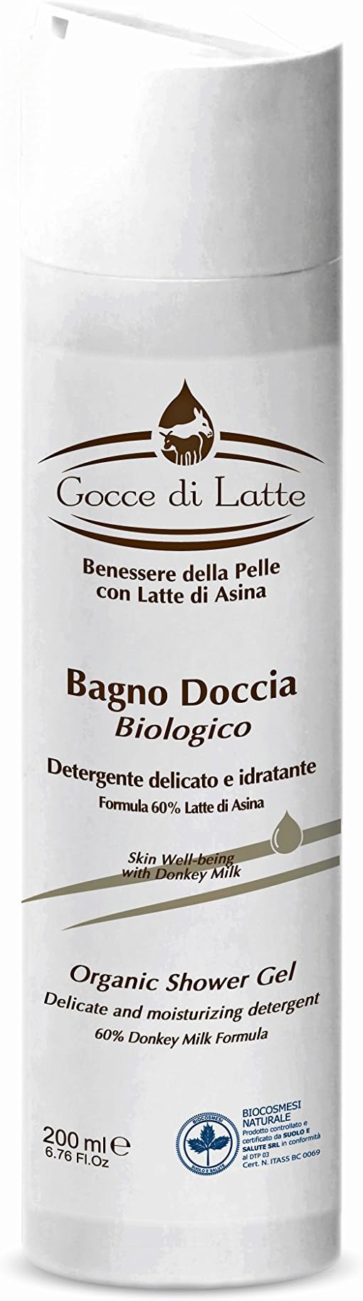 Organic Shower Gel with 60% of Donkey Milk | Gentle cleanser creamy | Bio - 200mL