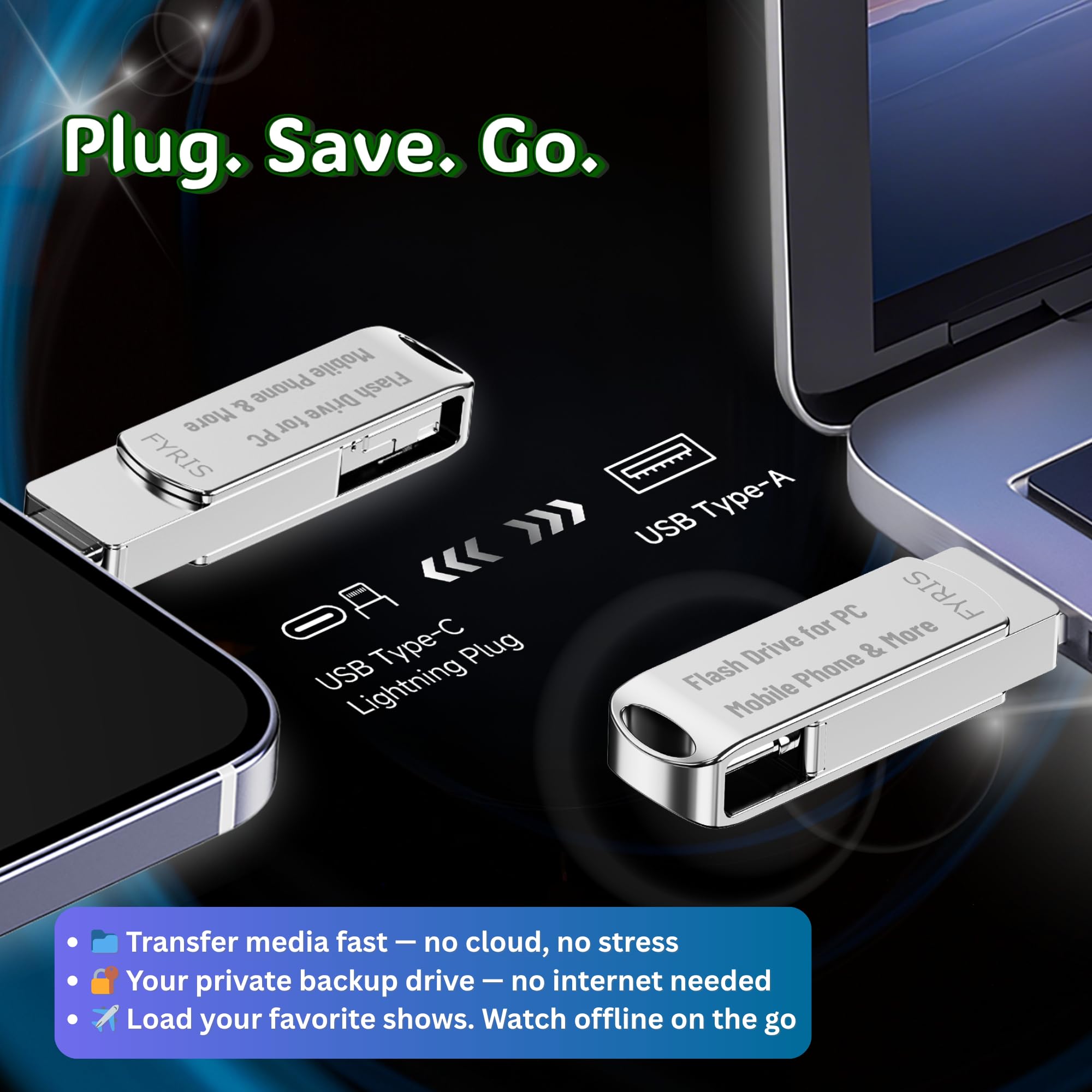 iPhone USB Storage Flash Drive 256GB – FYRIS 3-in-1 MFi Certified Backup Drive for Android, iPad, Mac & PC – Lightning & USB-C – No App Needed (Thorns)