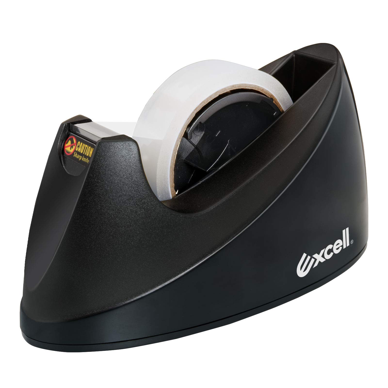 Excell Premium Dual Core Desktop Tape Dispenser, Fits 1” & 3” Cores (25.4/76mm), Sand-Weighted Base for One-Hand Use, Leather Touch Carry Grip, Straight Cuts, Anti-Rust Blade, Tape Not Included, Black