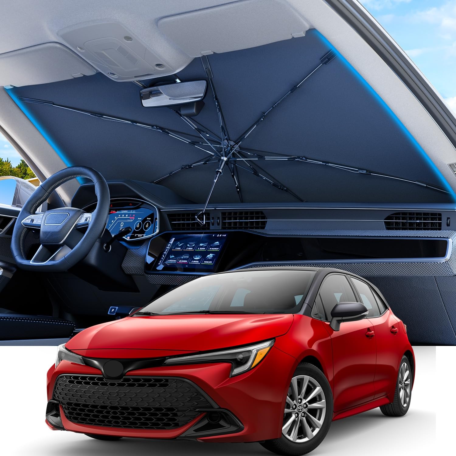 Photo 1 of REEVAA 2025 Upgraded Car Windshield Sun Shade Umbrella [100% Sun Protection & Keep Cool] Protect Interior, 360° Flex Handle Sun Shield Sunshade, Small (53''x29'') for Sedans