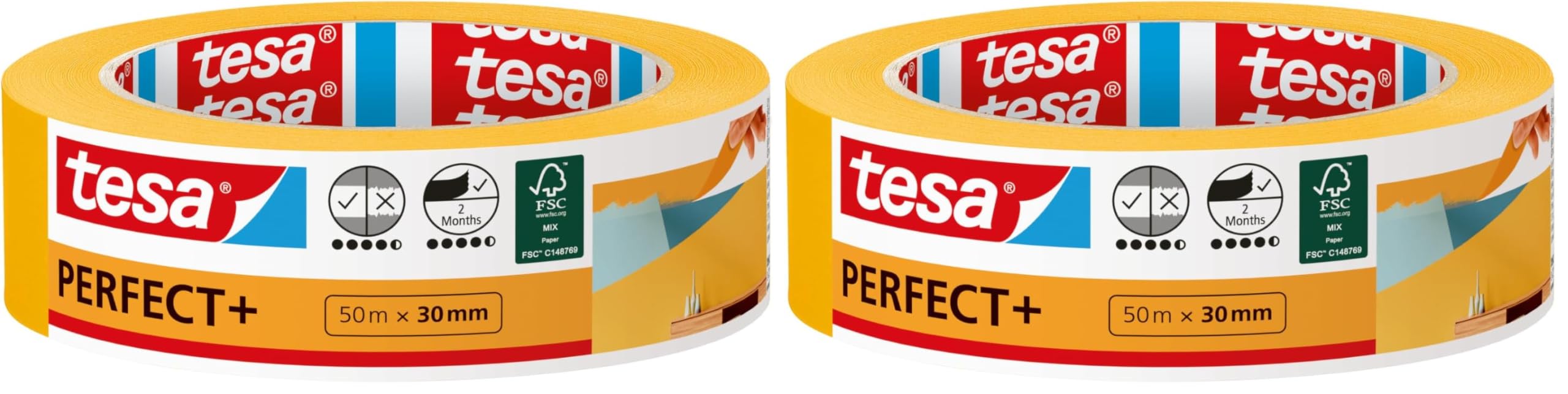tesa Masking Tape Perfect+ - Painter's Tape Made of Thin Washi Paper for Precise Masking During Painting Work - for Indoor use - 50 m x 30 mm (Pack of 2)