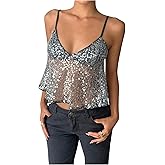 Floerns Women's Sequin Cami Tops Sleeveless V Neck Sheer Mesh Ruffle Hem Night Out Camisole