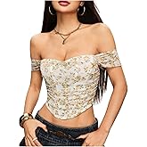 Floerns Women's Off Shoulder Short Sleeve Asymmetrical Hem Ruched Corset Crop Top