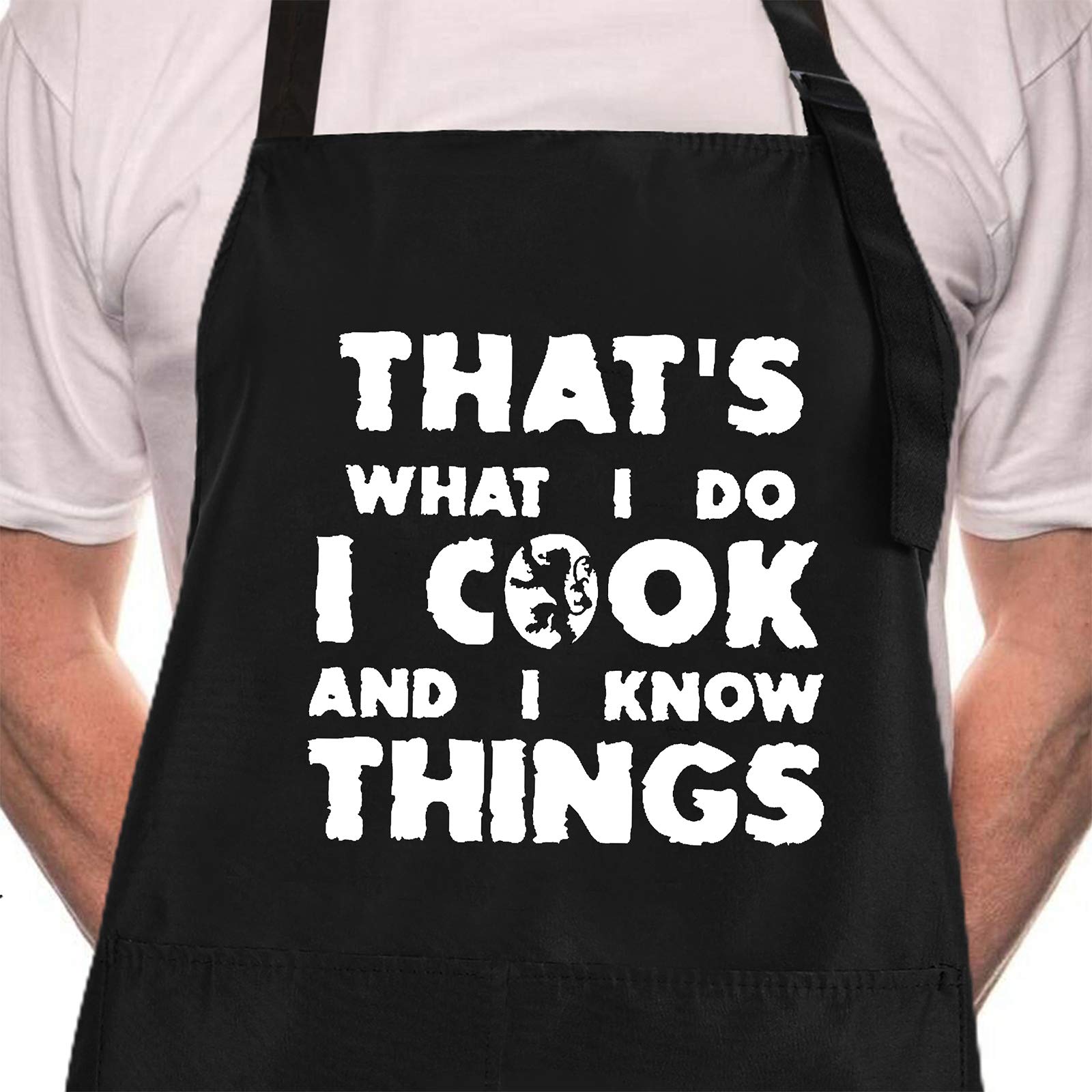 Rosoz Funny Grilling BBQ Black Chef Aprons for Men Women, Adjustable Kitchen Cooking Aprons with 2 Pocket, I Cook and I Know Things, One size