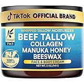 Organic Beef Tallow for Skin, Organic Grass-Fed Beef Tallow Balm with Manuka Honey, Aloe Vera, Jojoba Oil, Collagen & Beeswax, Olive Oil, Moisturizer for Dry Skin, Nourishes Face, Body & Lips (5oz)