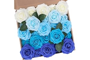 N&T NIETING Blue Roses Artificial Flowers, 25pcs Fake Flowers Rose Perfect for DIY Wedding Bridesmaid Bridal Bouquets Centerpieces Home Flower Arrangement Decoration, Series Blue