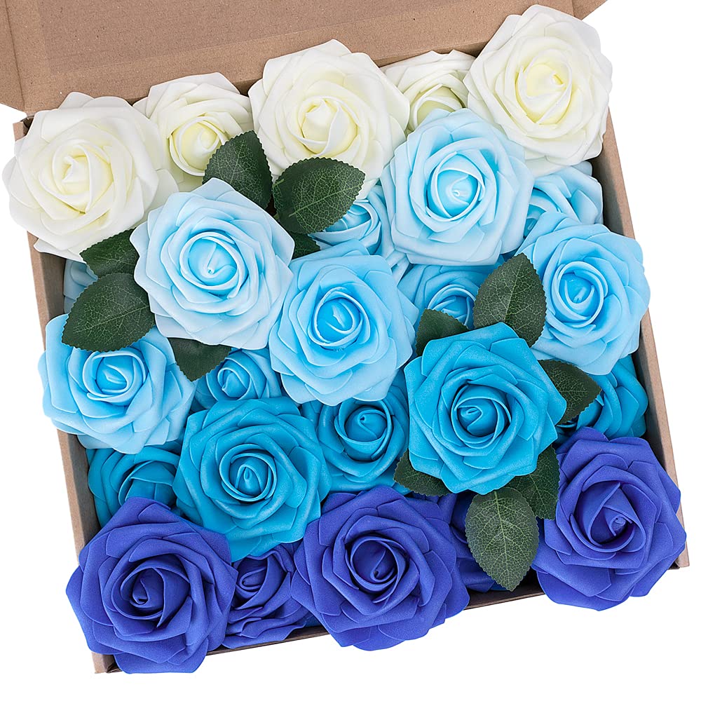 N&T NIETING Artificial Flowers Roses, 25pcs Real Touch Foam Roses, Fake Flowers Rose for DIY Wedding Bridal Bouquets Baby Shower Table Centerpieces Home Decorations, Mix Blue