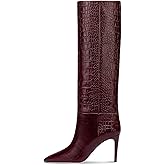Fravonkass Women's Fashion Crocodile High Stiletto Heel Knee High Boots 3.94inch/10cm Pointed Closed Toe Pull On High Heel Long Boots Fall Winter Dressy Tall Boots for Women