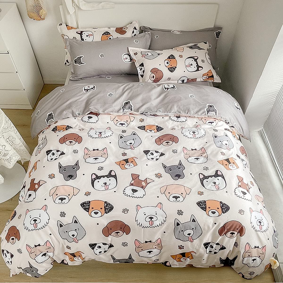Loussiesd Kids Cute Dog Duvet Cover Set King Boys Girls Cartoon Pug Puppy Animal Bedding Reversible Lovely Pet Welsh Corgi Husky Paw Comforter Dogs Bed Lover Bedroom Decor,Multicoloured35