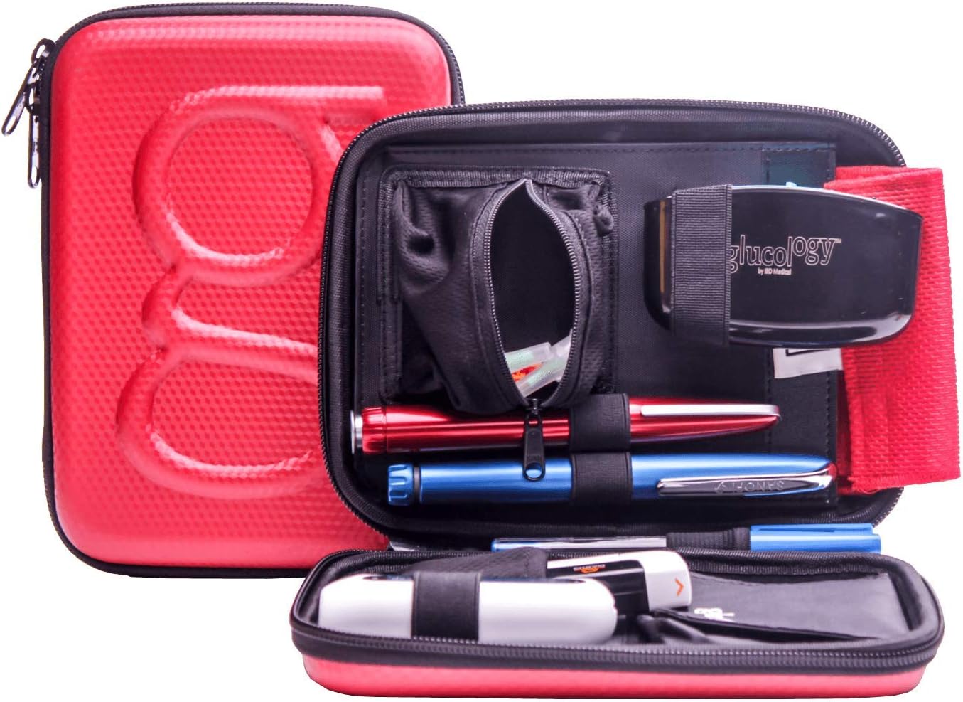 Glucology™ Diabetic Travel Case - Organizer for Blood Sugar Test Strips, Medication, Glucose Meter, Pills, Tablets, Pens, Insulin Syringes, Needles, Lancets - Hardshell Pack - Expandable, Red: Health & Personal Care