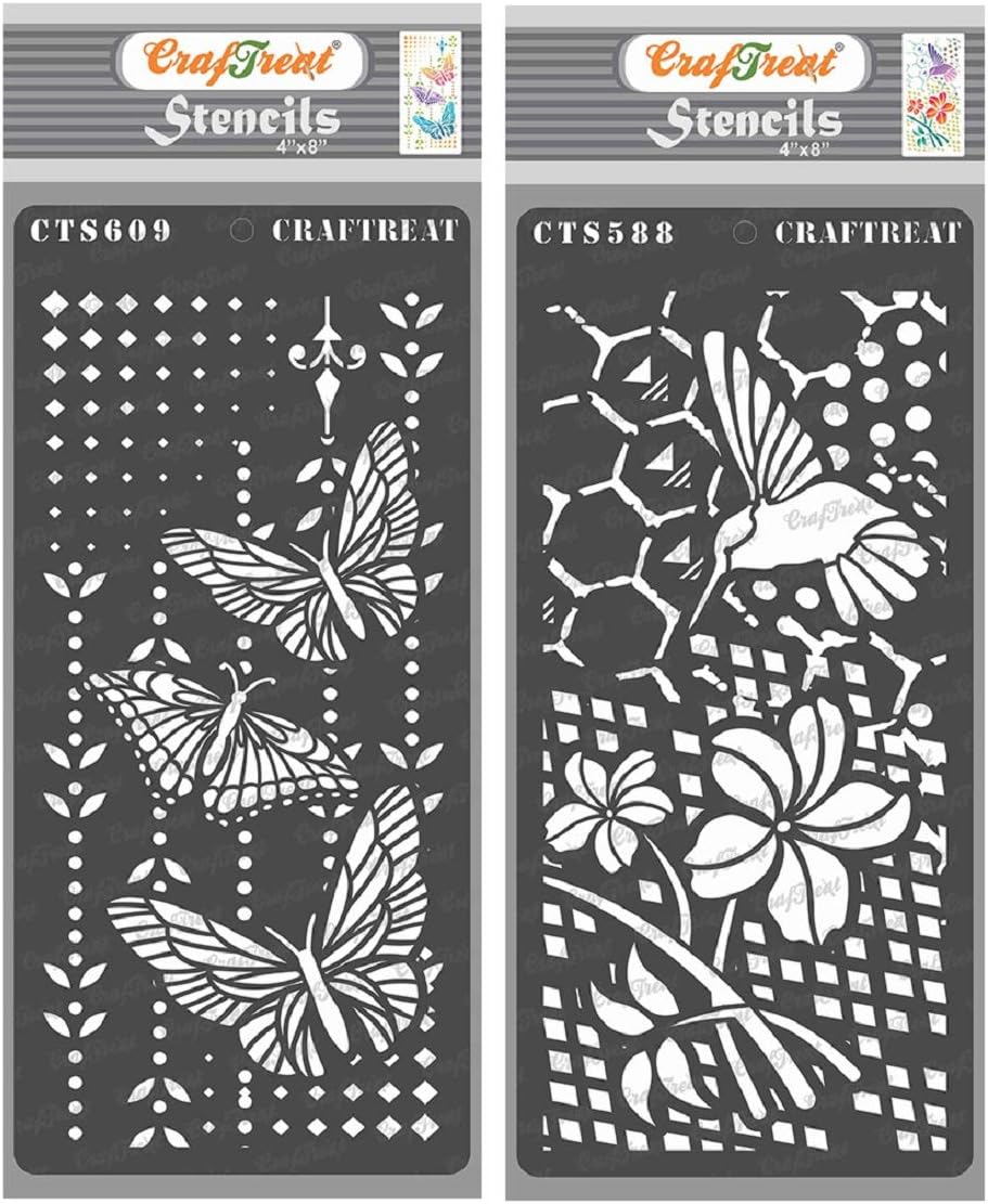 CrafTreat Mixed Media Stencils for Crafts Reusable Vintage, Flower and Hummingbird Stencil & Butterfly Magic (2Pcs)
