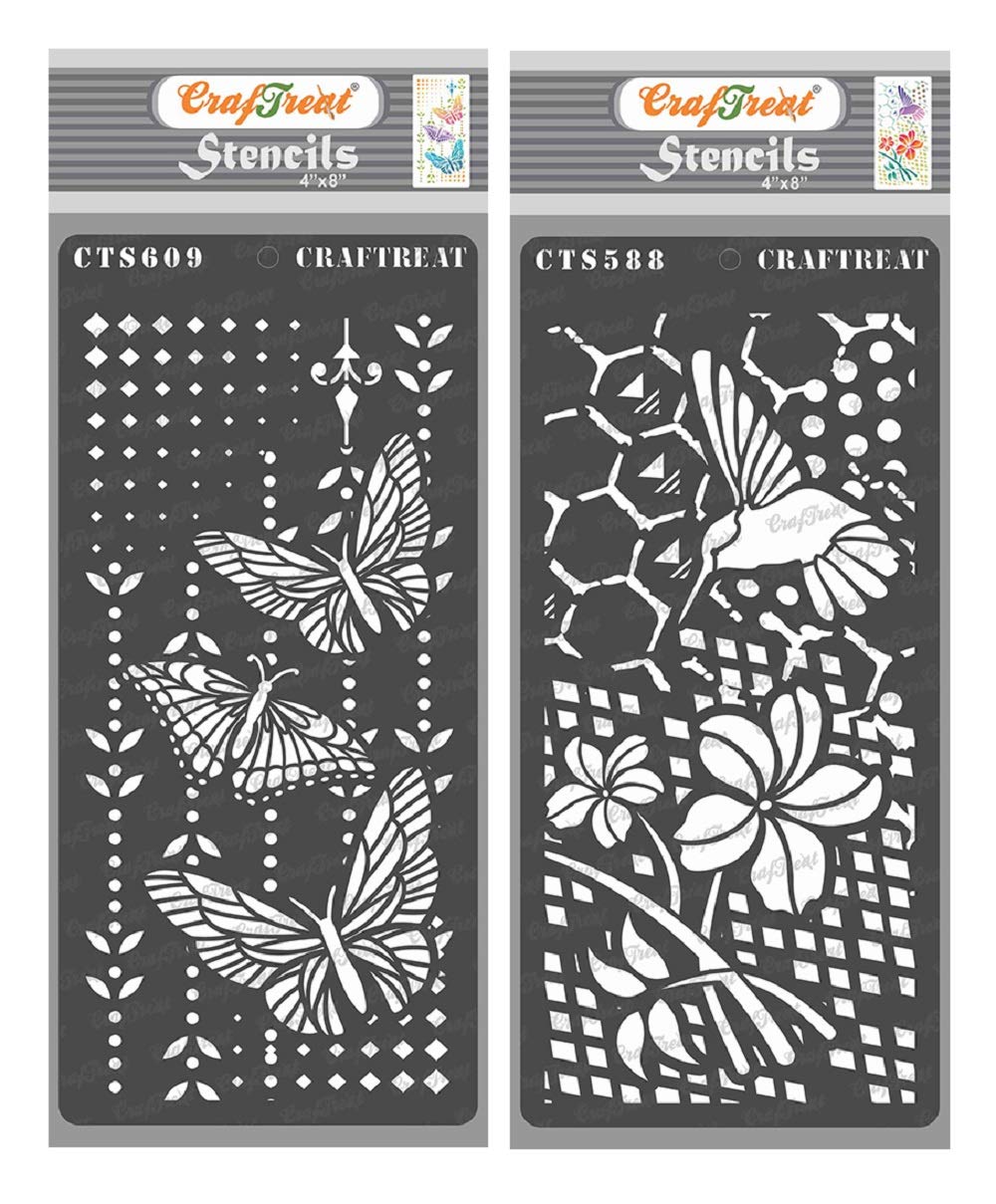 CrafTreat Mixed Media Stencils for Crafts Reusable Vintage - Flower and Hummingbird Stencil & Butterfly Magic (2Pcs) - Size: 4X8 Inches - Butterfly Stencils for Craft - Flower Stencils for Painting