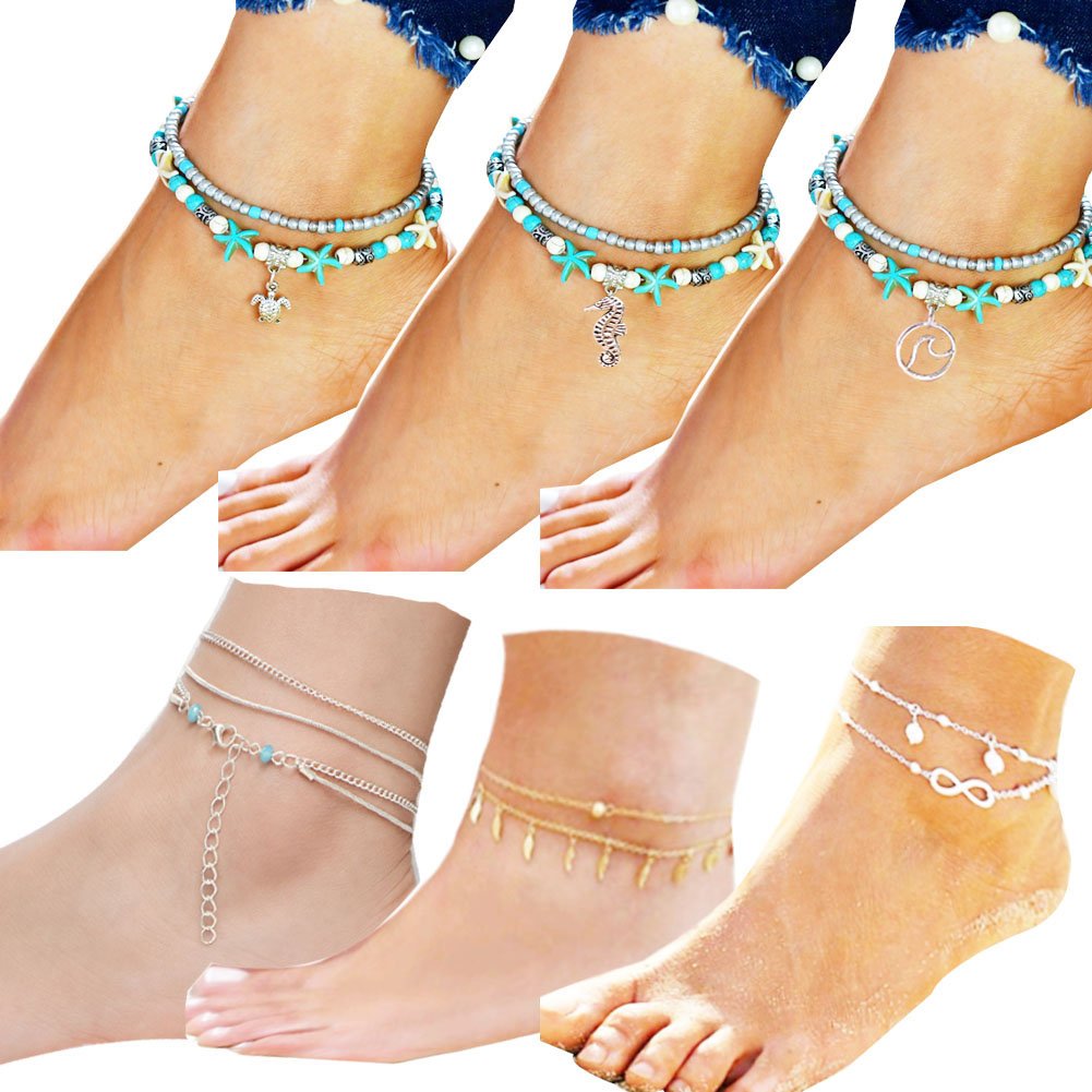 Anklet Dainty Beach Jewelry for Girls Multi-layer Charm Beads Boho Foot Starfish Turtle Gold Chain Bracelet for Women