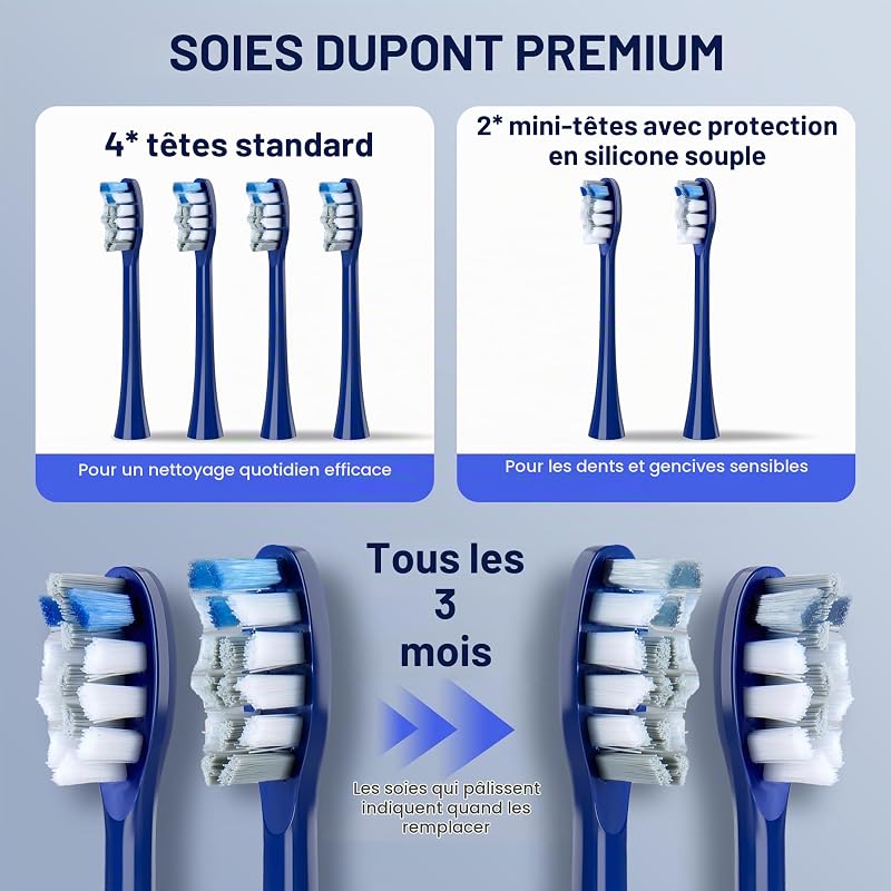 Brosse à dents sonique pour adultes, brosse à dents électrique rechargeable avec 5 modes de nettoyage, 3 niveaux d'intensité, capteur de pression intelligent (Bleu Marine)