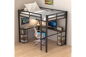 Mixcous Full Size Loft Bed with Desk & Open Shelves, Heavy Duty Metal Bed Frame with Safety Guardrails & Ladder, Loft Beds with Vintage Wood Finish L-Shaped Desk, Black