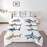 Erosebridal Cartoon Shark Comforter Set Full,Coastal Animal Bedding for Kids Boys,Shark Species Bedding Comforter Sets,Ocean Marine Fish Duvet Insert with 2 Pillowcases Lightweight