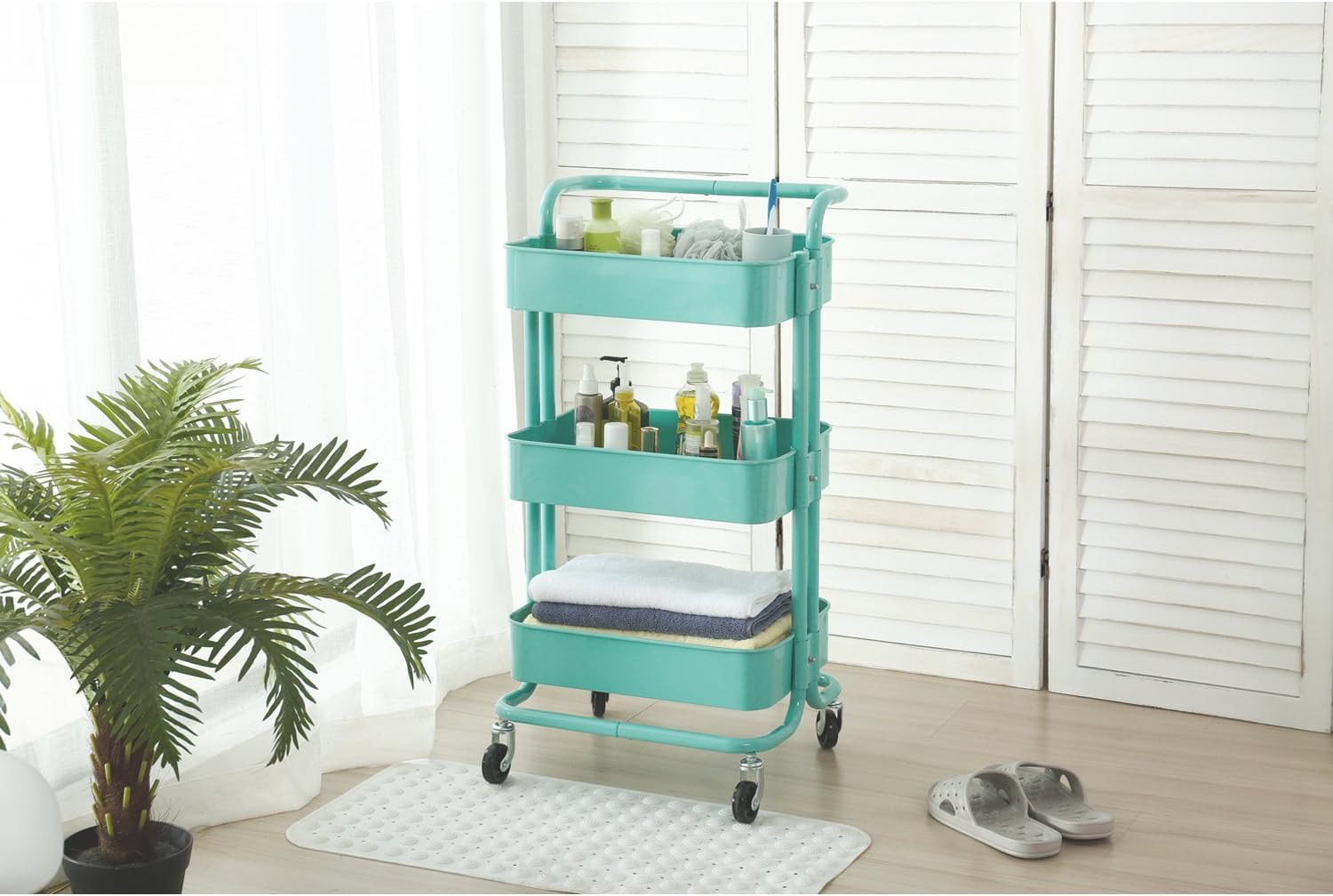 HollyHOME 3-Tier Metal Utility Service Cart Rolling Storage Shelves with Handles, Blue Storage Utility Cart : Office Products