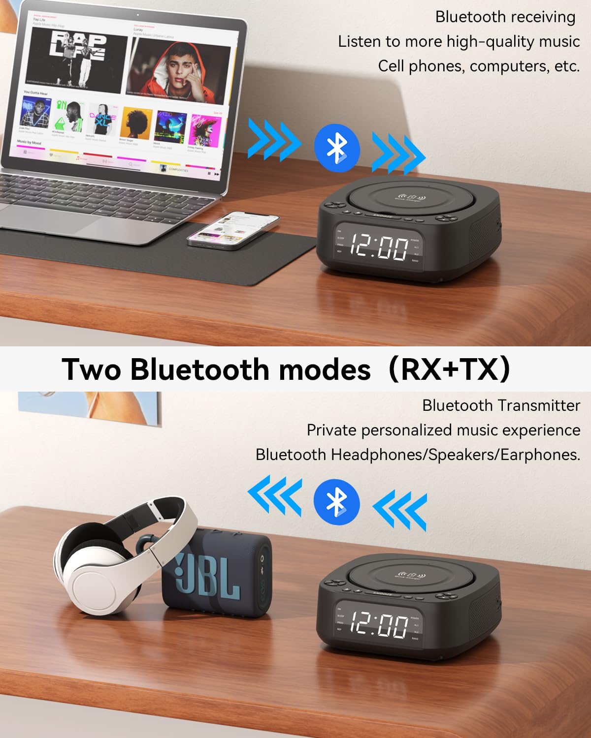 CD Player Portable,MONODEAL CD Players for Home,Desktop Portable CD Player with Bluetooth Speakers,Wireless Charging,Alarm Clock,SleepTimer,Supports CD/Bluetooth/FM Radio/USB Drive/AUX,Remote Control