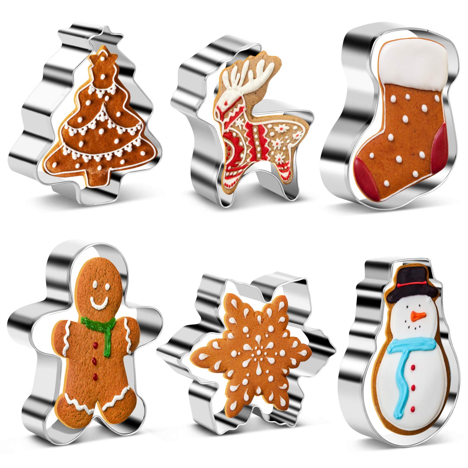 ERKOON 6pcs Stainless Steel Christmas Cookie Cutters Set, Gingerbread Man, Fawn, Snowflake, Christmas Tree A, Snowman and Christmas Stocking