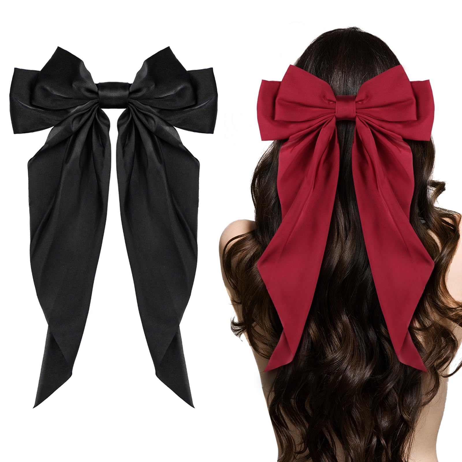 Photo 1 of Ambesi Big Bow Hair Accessories 2pcs - Long Tail French Satin Silky Barrettes for Women and Girls, Black, Burgundy, Red Bows for Birthday, Party, Show, Christmas