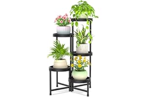 iDavosic.ly 5 Tier Folding Plant Stand Indoor Outdoor with Plastic Tray, Tiered Corner Flower Holder Shelf, Metal Orchid Display Rack for Patio Porch Living Room Garden Balcony, Modern Black
