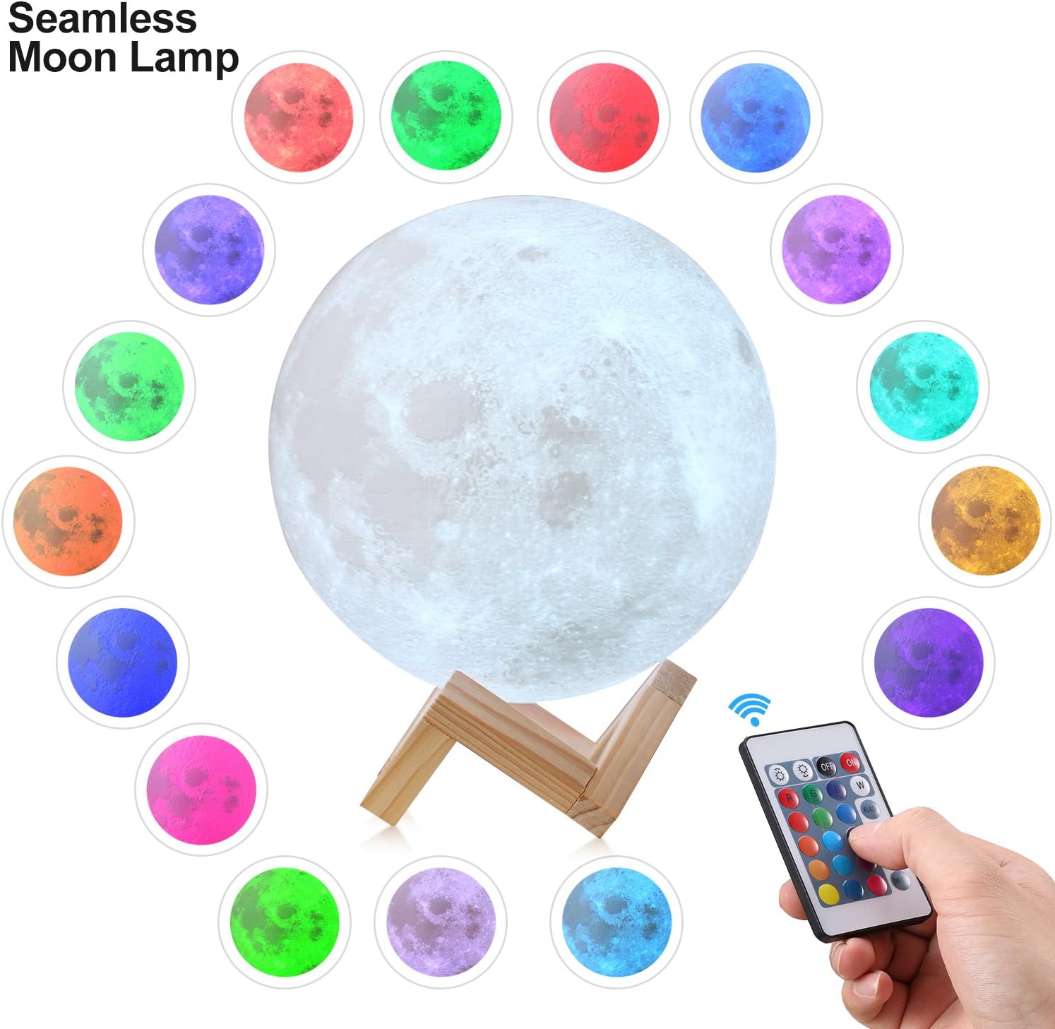 CPLA 3D Moon Lamp LED Night Light Lunar Lamp, Dimmable Remote Control 16 Colors RGB Touch Control Adjustable Brightness Rechargeable Moon Light with Wooden Base for Home Decorative 5.9 inch 15CM