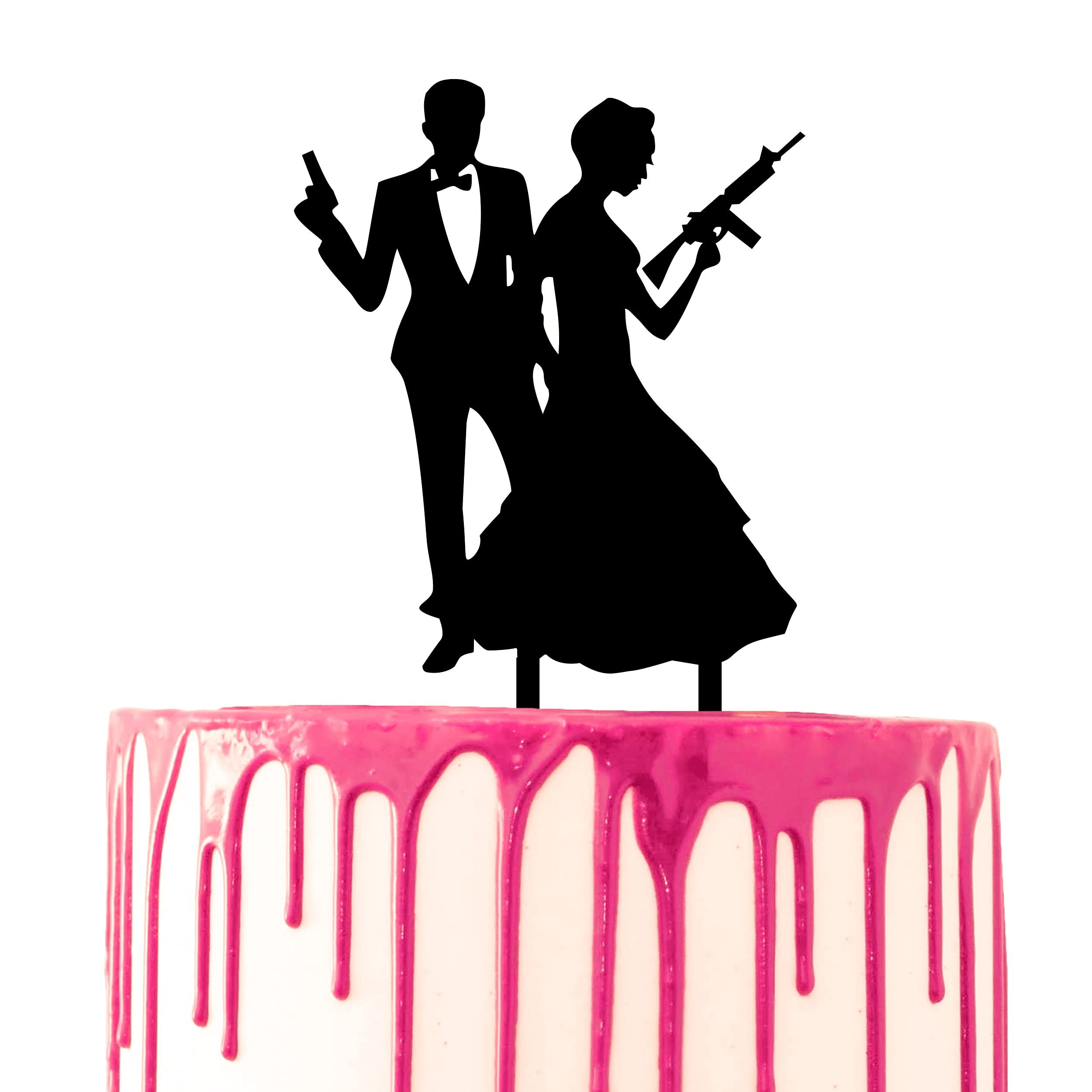 CARISPIBET Wedding Cake Topper Thematic Groom and Bride as Secret Agents Acrylic Silhouette Cake Decoration