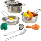 KidKraft Deluxe Cookware Set with Food, Gift for Ages 3+ | Kids Pretend Play Kitchen Stainless Steel-Look Pots &amp; Pans with Play Veggies and Protein, Gift for Ages 3+