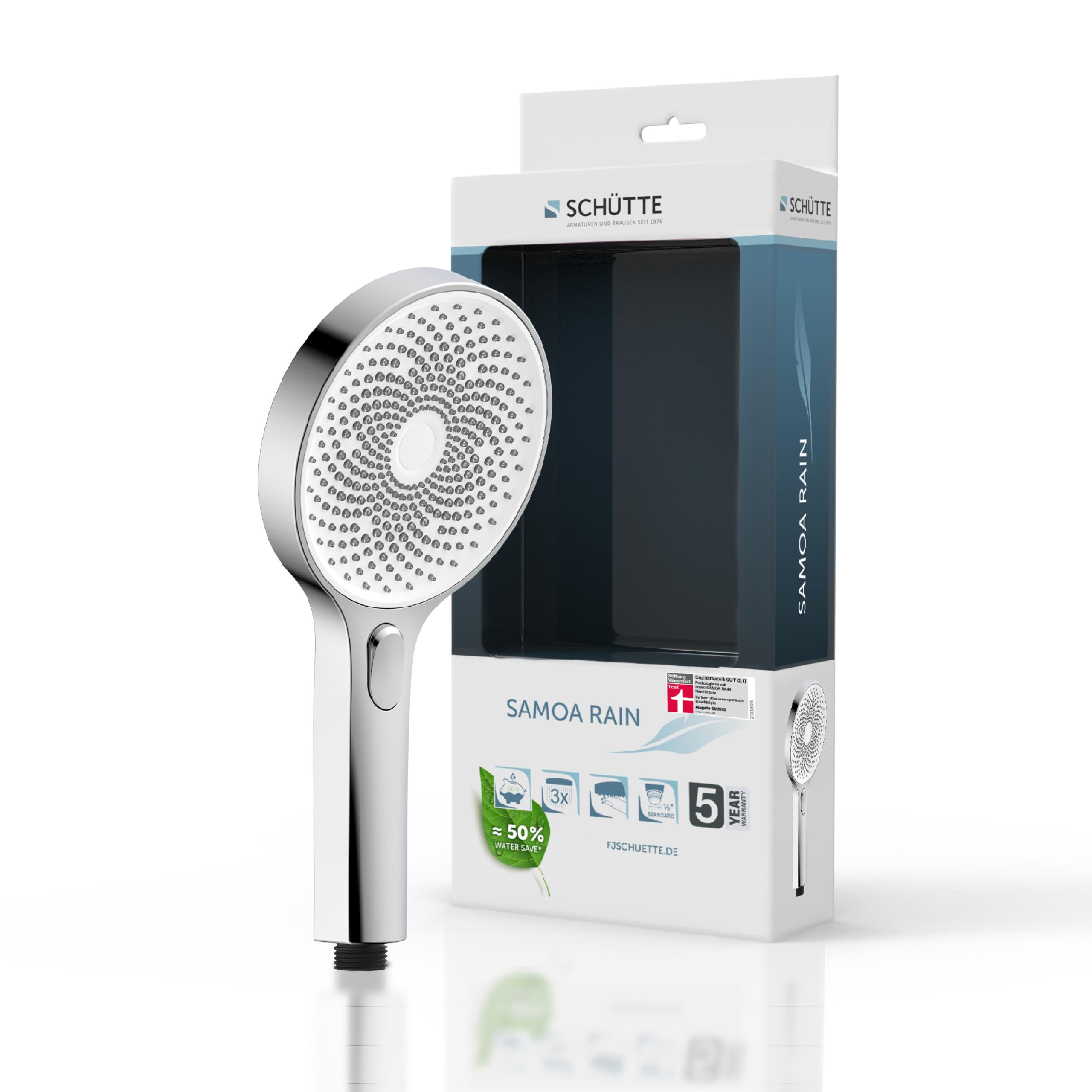 SCHÜTTE Samoa RAIN Hand Shower | Velvet Jet Technology | Shower Head with Over 300 Nozzles | 3 Adjustable Jet Types | Anti-Limescale Shower Head for the Shower | White