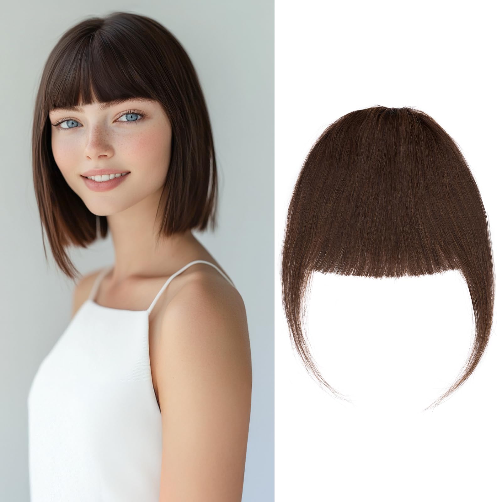 Clip in Fringe Human Hair Clip on Bangs Remy Hair Pieces for Women Short 25g Thing Bang #4 Medium Brown