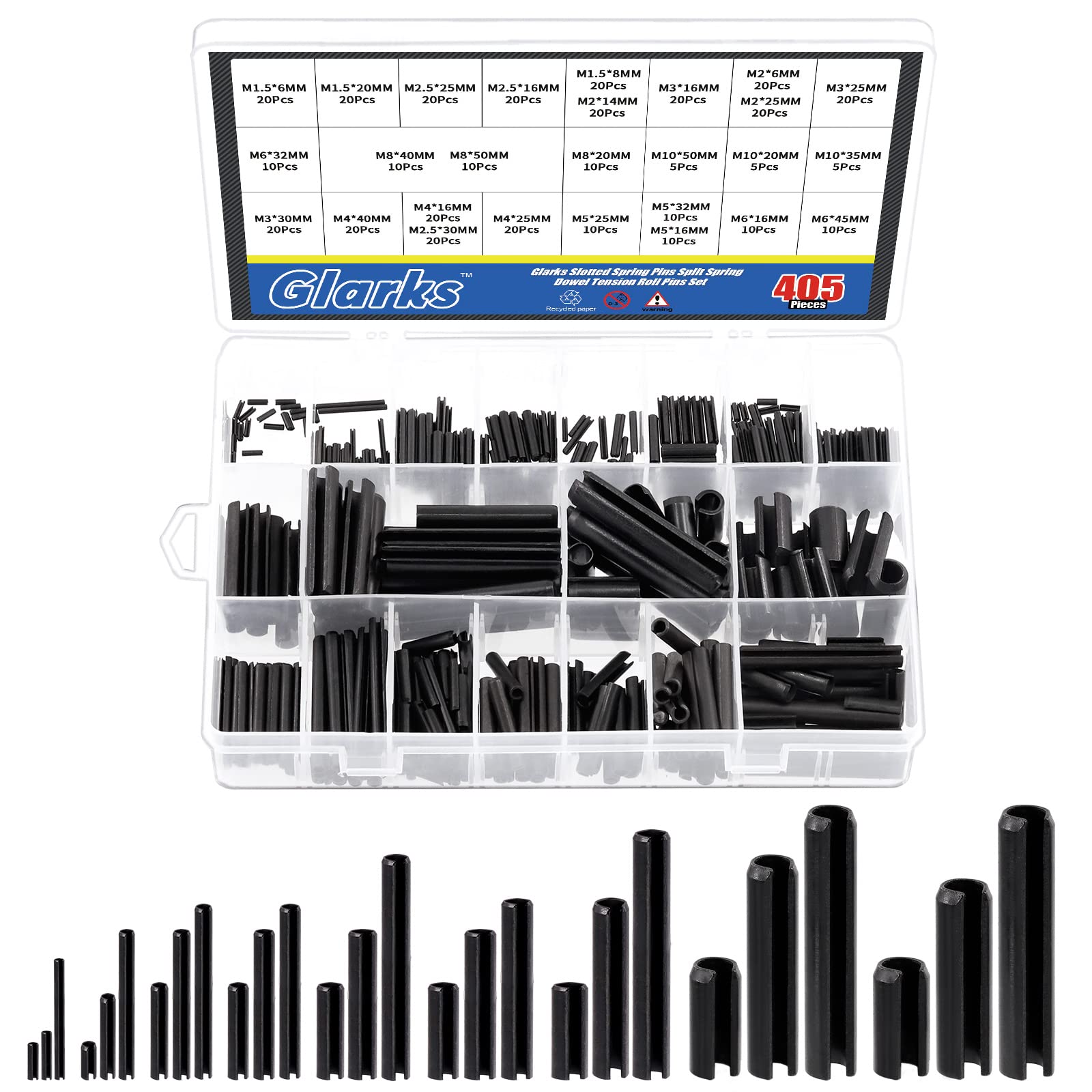 Glarks 405Pcs 27 Sizes M1.5 M2 M2.5 M3 M4 M5 M6 M8 M10 Slotted Spring Pins Split Dowel Hardware Assortment Kit for Home Improvement Automotive Repair