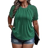Eytino Plus Size Tops for Women Summer Lace Short Sleeve Crewneck Loose Casual Blouse Tunic T Shirts(1X-5X)