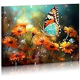 DEORAIO Flower ButterflyWall Art Orange Daisy Wildflowers Butterfly Canvas Wall Art Colorful Scenery for Living Room Baby Room Nursery Bedroom Bathroom Office Decor Framed Ready To Hang 12x16inches