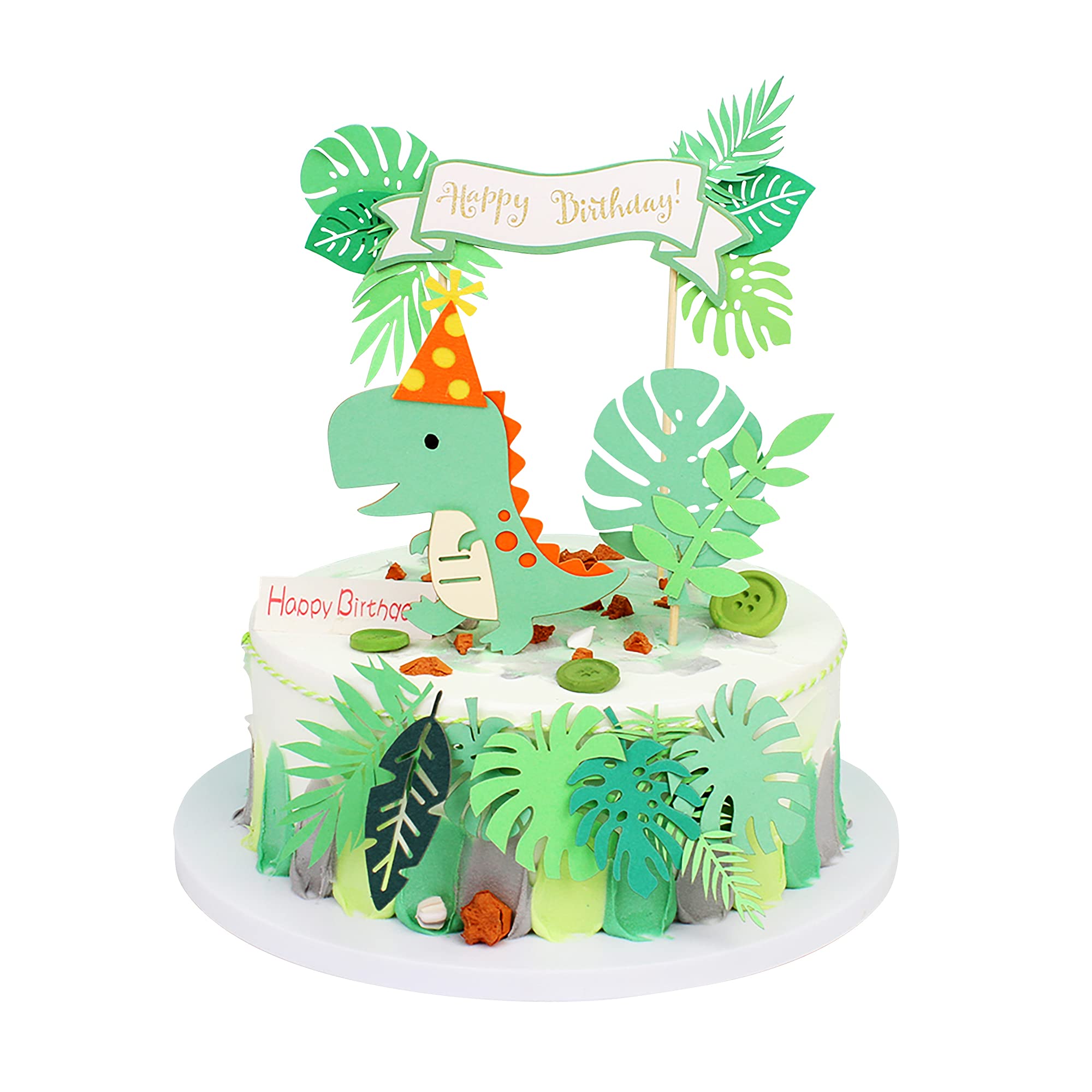 Blumomon Green Dinosaur Cake Toppers Set - Happy Birthday Banner & Decorations for Boy, Girl, Baby Shower & Party