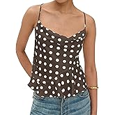 TERIVEEK Womens Polka Dot Satin Tank Tops Cowl Neck Tie Back Sleeveless Shirt Asymmetrical Ruffle Hem Camisole Crop Tops