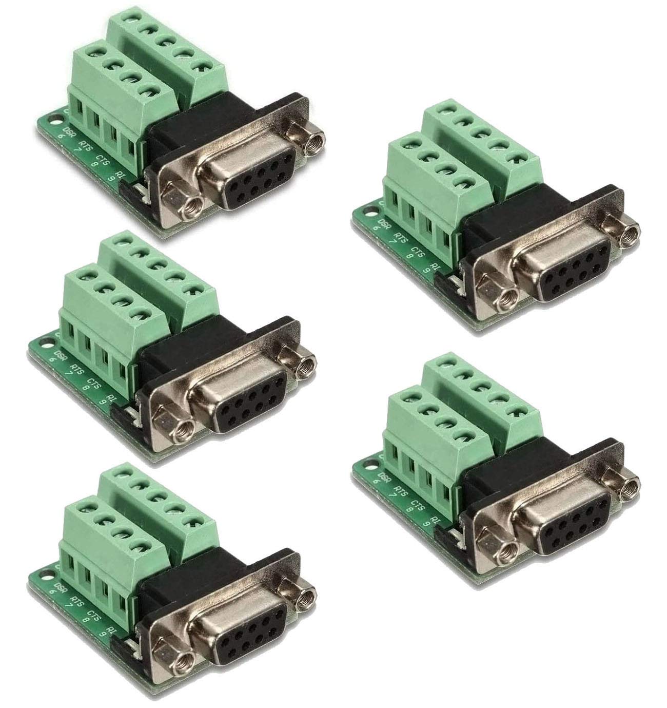 Kyrio 5PCS DB9 Breakout Connector RS232 Serial 9 Pin Female Adapter Connector DB9 Terminal Block Port Interface Breakout Board Connector with Screwlocks Jack Screws