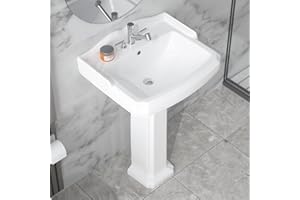 HOMLYLINK Pedestal Sink White 3 Hole, 23 x 19 Inch Large Bathroom Pedestal Sink Combo, Rectangular with Backsplash, 1 Overflow Hole, 3 Faucet Hole, Pure White Porcelain, for Bathroom