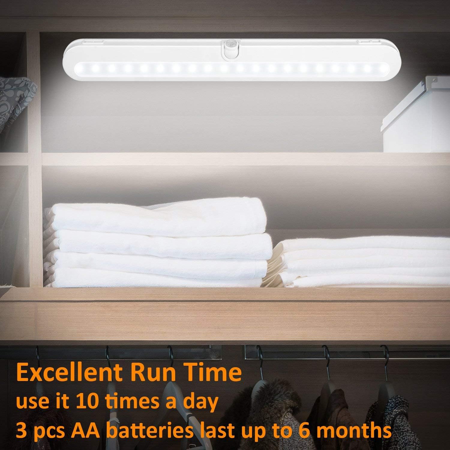 T01L LED Closet Light - BLS Super Bright 20 LED Under Cabinet Lighting Battery Powered/DC Input Wireless Motion Sensing Light, Auto On Off Switch, Motion Sensor & Light Sensor, Light Beam Adjustable - - 