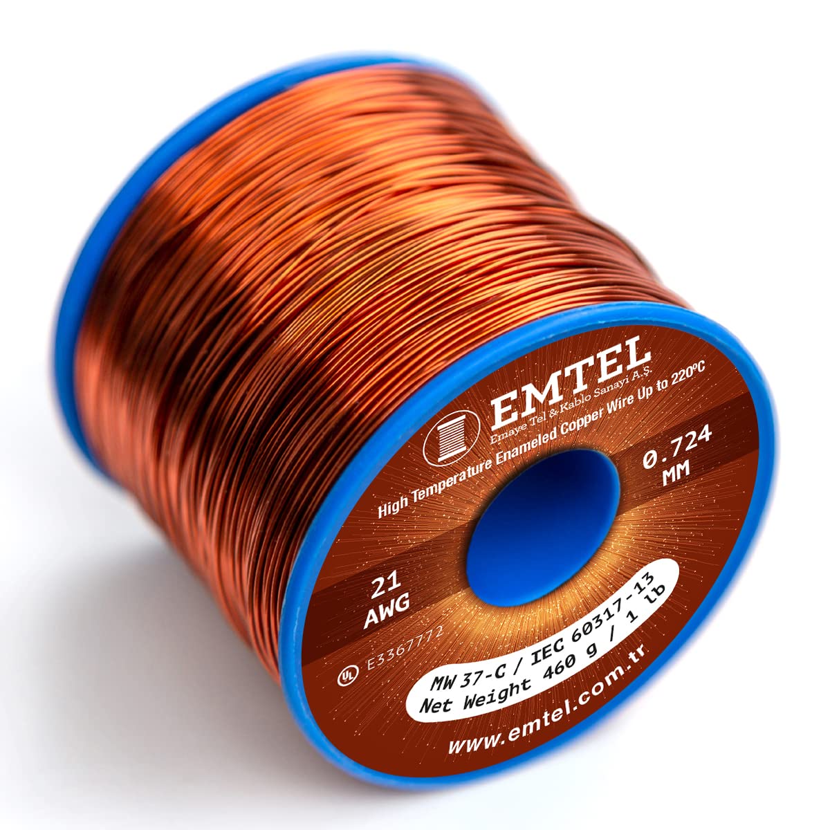 Emtel 0.724 mm (21 AWG) - 500 gr (1 LB) - 123 meters Magnet Wire - Enameled Copper Wire for Electrical Motor Transformer Magnetic Coil 220°C (428°F) Thermal Class - Double Insulated Winding Wire