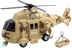Vokodo Military Helicopter 11" With Lights Sounds Push And Go Includes Rescue Basket Durable Toy Friction Power Kids Army Soldier Chopper Pretend Play Truck Great Gift For Children Boys Girls Toddlers